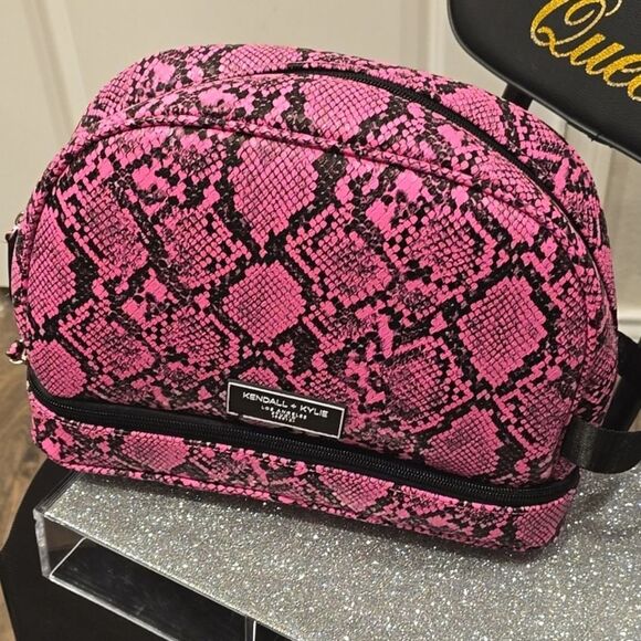 Kendall & Kylie Neon Pink Snakeskin Print Zip Around Travel Cosmetic Case - Picture 4 of 8